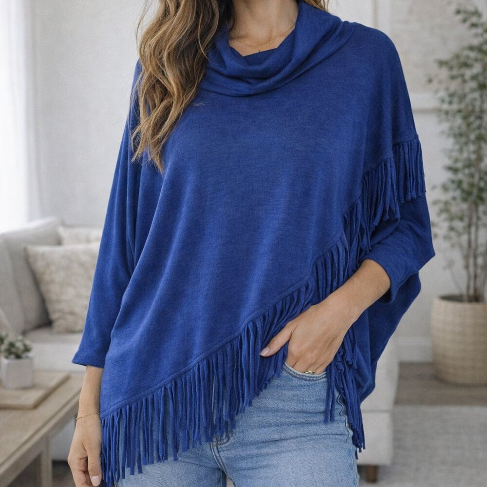Chelsea‎ & Theodore Womens Blue Fringe Poncho Sweater Cowl Neck Size S Soft Cozy